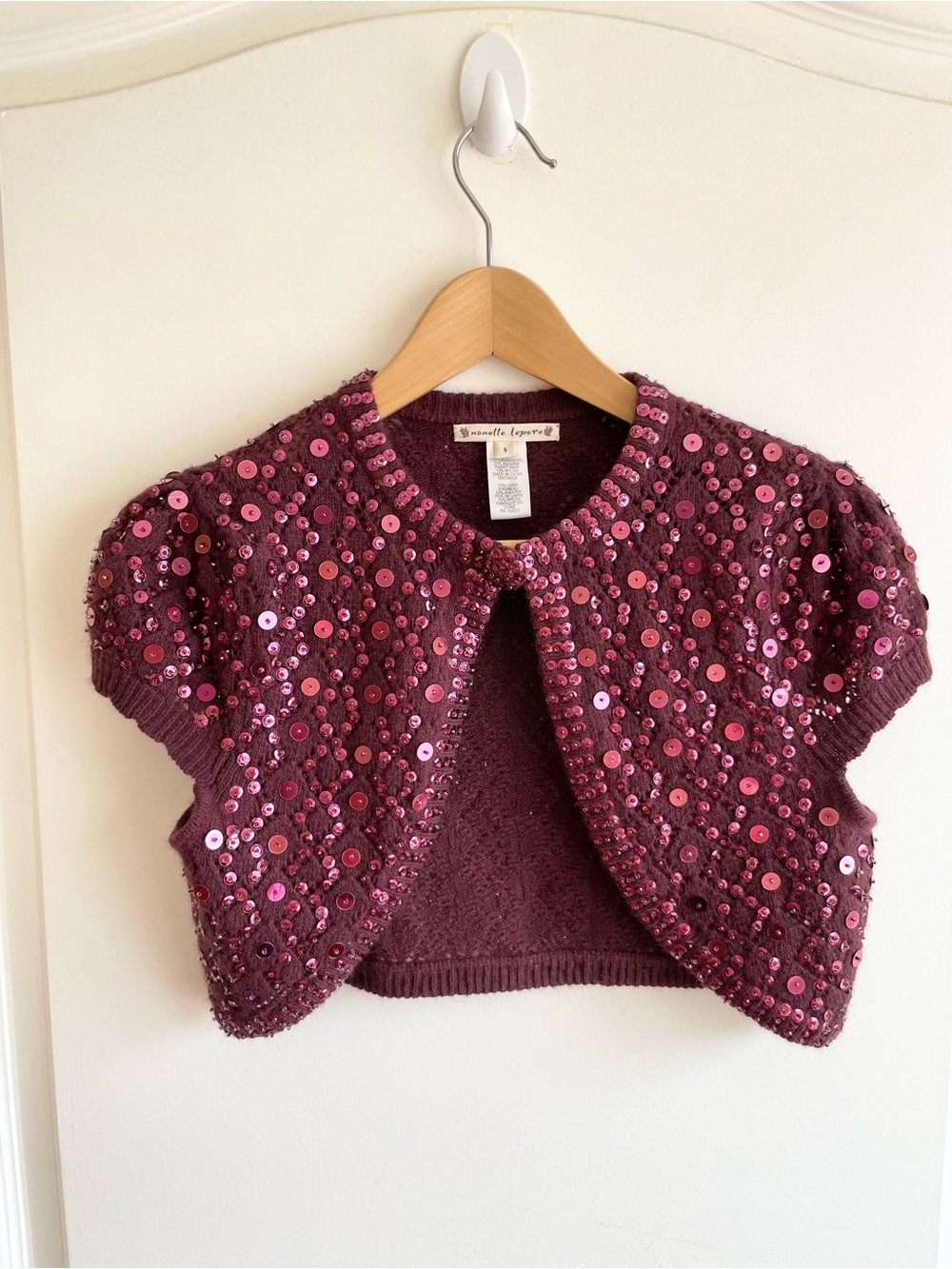 VTG Nanette Lepore Beaded Sequin Bolero Sweater Cap Sleeve Lambswool Angora Y2K